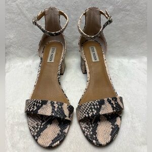 Steve Madden Irenee Beige and Black Snake-Print Ankle Strap Block-Heels Sandals